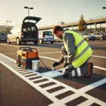 Arbeiter führt Parkplatzmarkierung durch