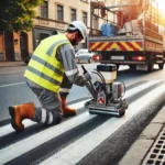 Arbeiter führt Schutzwegmarkierung im Straßenverkehr durch